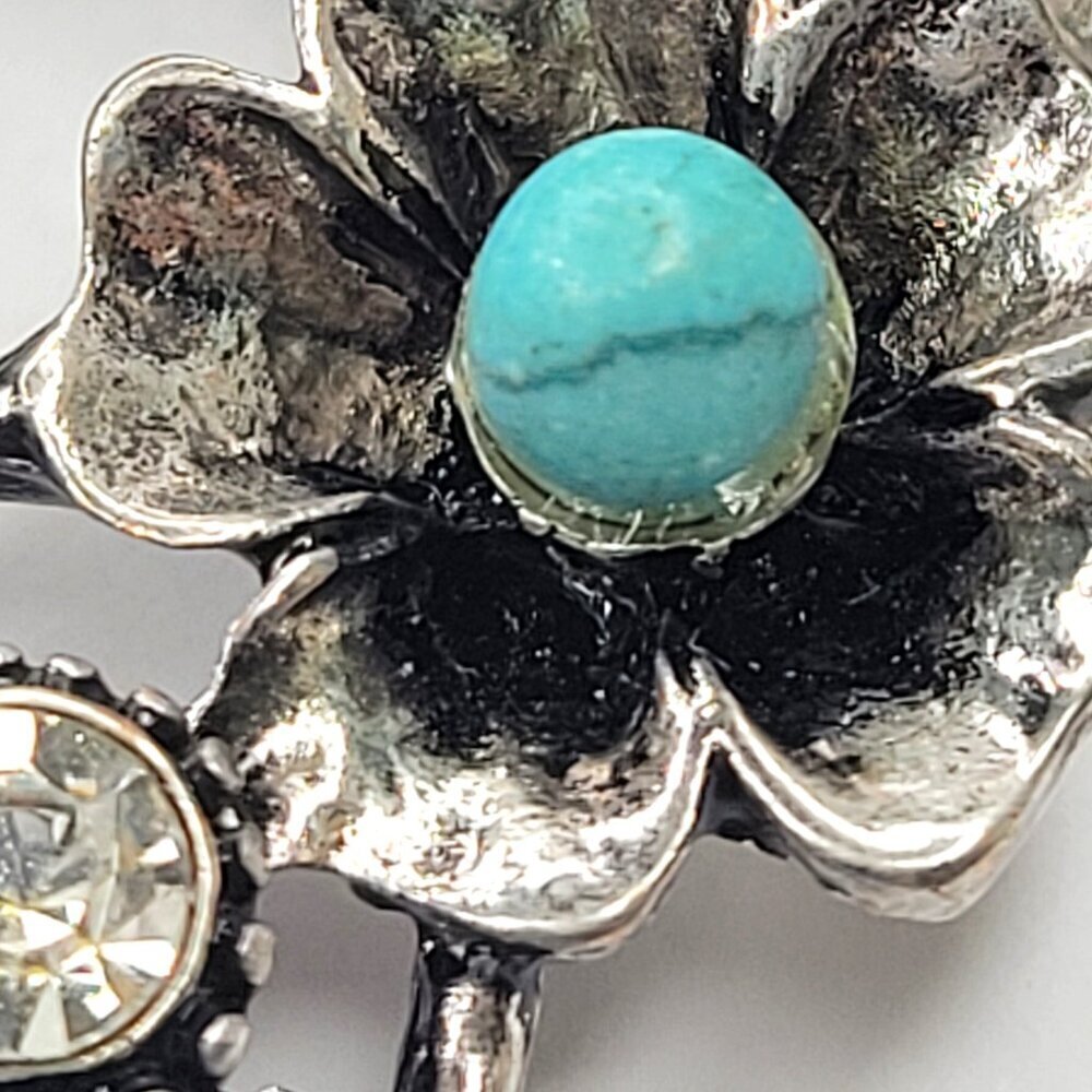 Silver Turquoise Rhinestone Flower Bib Necklace - Picture 11 of 16